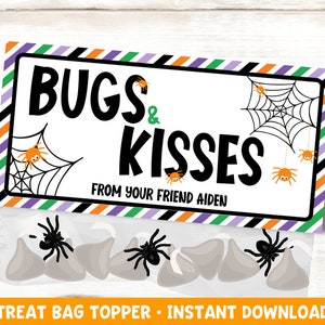 Puede incluir: Topper de bolsa de golosinas imprimible con un fondo a rayas, con el texto "Bugs & Kisses from your friend Aiden" con ilustraciones de telarañas y arañas.