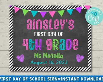 May include: A black and white striped chalkboard sign with a pink, green, blue, and purple banner across the top. The sign says "Ainsley's First Day of 4th Grade" in colorful chalk lettering. It also includes the teacher's name, "Ms Motolla", and the date, "August 16, 2023".