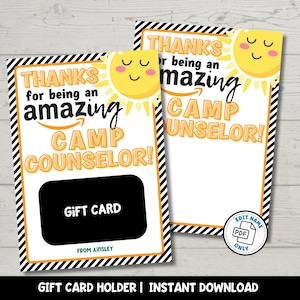 Printable Camp Counselor Gift Card Holder | Thank You Gift for SleepAway Camp | Editable End of Summer Camp Leader | Instant Download