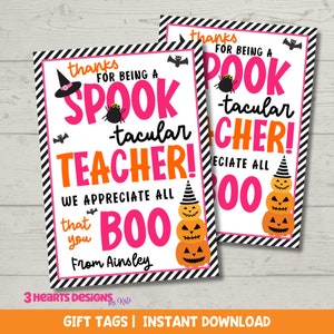 Étiquettes cadeaux d'Halloween roses effrayantes pour l'appréciation des enseignants - Imprimable à téléchargement immédiat