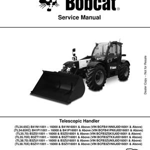 Puede incluir: Portada de un manual de servicio Bobcat, que muestra un manipulador telescópico. El logotipo de Bobcat y "Service Manual" son visibles. La imagen incluye una ilustración detallada de la maquinaria. Los números de modelo y VIN se enumeran en la parte inferior.