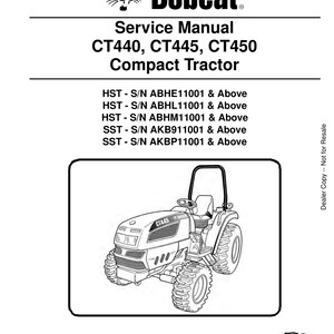 May include: A service manual for Bobcat CT440, CT445, and CT450 compact tractors. The cover features the Bobcat logo and a line drawing of a tractor. The manual includes model numbers and serial numbers. Printed in the U.S.A.