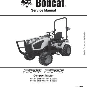 May include: A white and black Bobcat CT1021 compact tractor with large, rugged tyres. The tractor has a roll bar, seat, and steering wheel. The image is from a service manual.