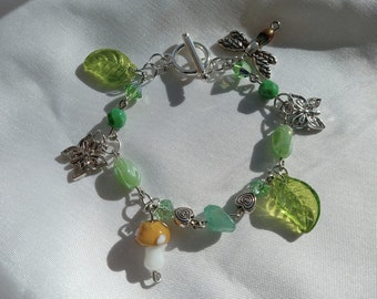 Cottage Core Green Bracelet | Mushroom, Nature, Butterfly | Handmade Jewelry