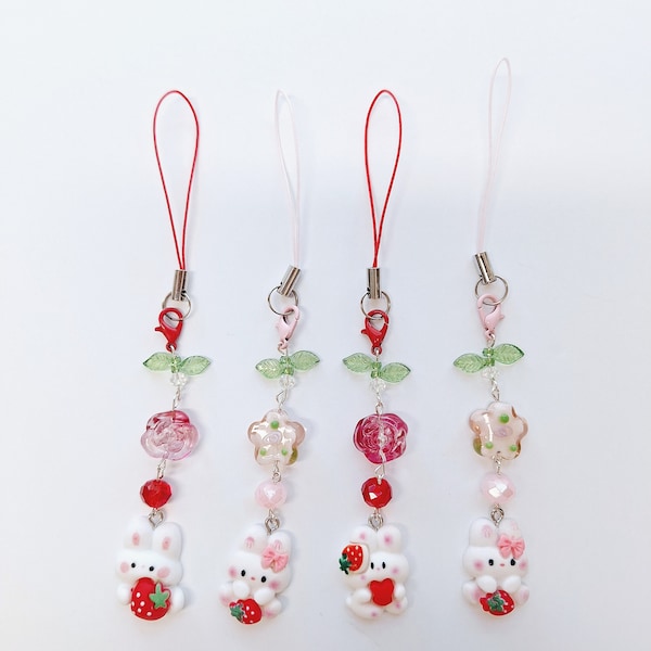 Strawberry Bunny Phone Charm | Y2K, Cute Style Phone Charm | Aesthetic Phone Strap | Cute, Rabbit, Flower Charms