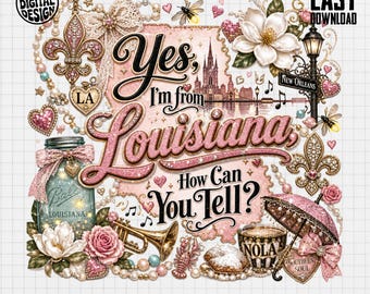 Louisiana PNG, New Orleans Clipart, Southern Belle Png, Glitter Louisiana Map, Fleur de Lis Sublimation PNG, Digital Download Art, State