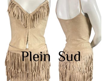 Conjunto vintage Y2K Plein Sud con flecos de ante, talla 36