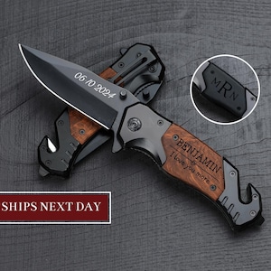 May include: A black pocket knife with a wood handle. The handle is engraved with the text "BENJAMIN I love you more" and the date "06 10 2024". The knife has a safety feature and a belt clip.