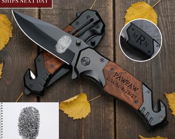 Personalized Fingerprint Knife, Thumbprint Memorial, Handmade Damascus, Custom Pocket Knife, Thumbprint Memory Gift, Anniversary Remembrance