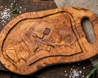 BBQ Grillbrett Olivenholz personaliseerbaar | Steakbrett Saftrille Gravur | Vatertag Geburtstag Männer Weihnachten | Grillmeister-cadeau