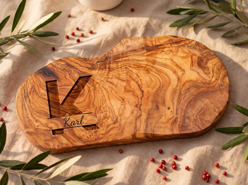 May include: An irregular, oval-shaped wooden serving board with a natural grain pattern. The board features a large, laser-engraved capital letter K with the name Karl inscribed in a cursive script across the center of the letter.