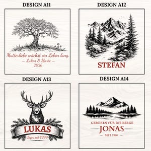 May include: Four square wooden panels featuring black ink illustrations. Design A11 shows a tree with German text. Design A12 depicts a mountain landscape with the name STEFAN. Design A13 features a deer head with the name LUKAS. Design A14 shows mountains with JONAS.