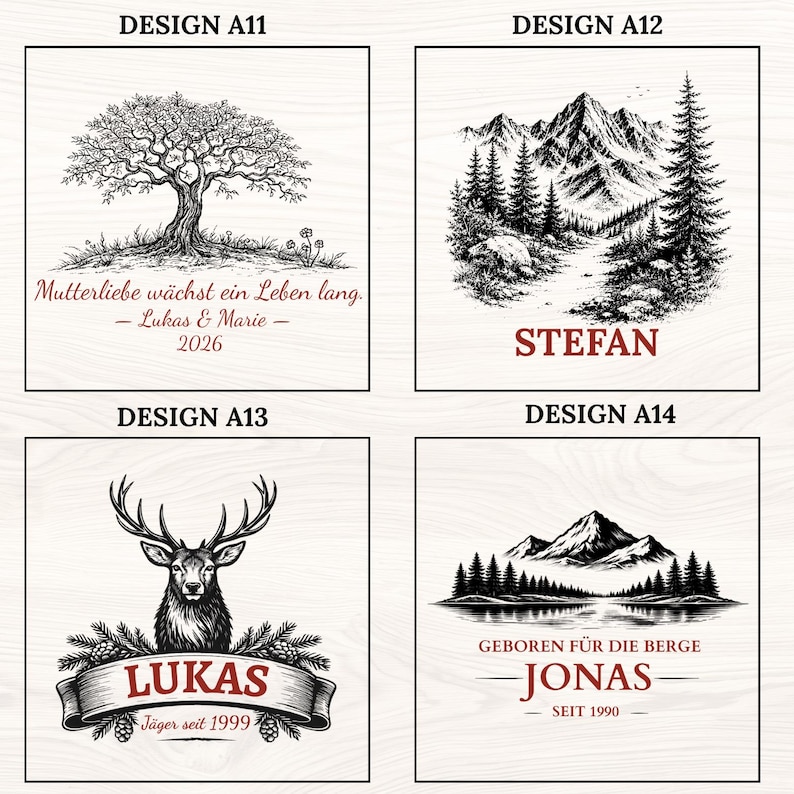 May include: Four square wooden panels featuring black ink illustrations. Design A11 shows a tree with German text. Design A12 depicts a mountain landscape with the name STEFAN. Design A13 features a deer head with the name LUKAS. Design A14 shows mountains with JONAS.