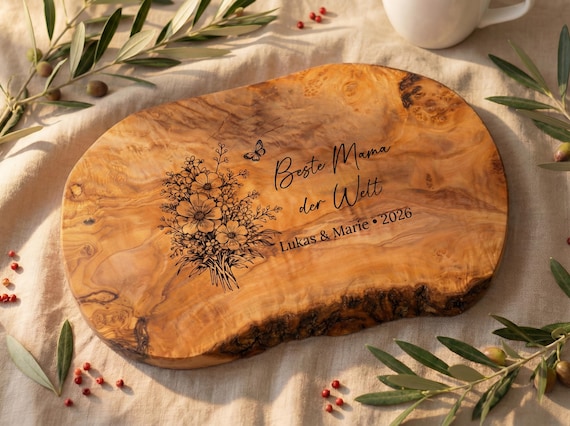 Geschenk Muttertag Hochzeit Geburtstag | Frühstücksbrett Olivenholz personalisiert | Blumen Gravur | Schneidebrett