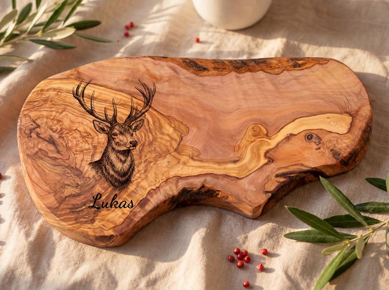 Olive Wood Board with Deer Engraving | Personalized Cutting Board with Name | Gift for Hunters and Men for Christmas image 1