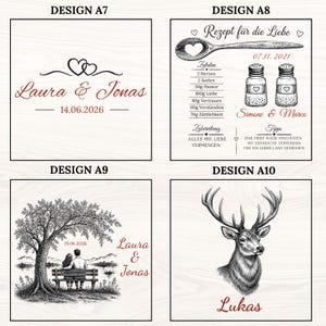 May include: Four square wooden panels featuring engraved designs. Design A7 shows two hearts and names Laura & Jonas with a date. Design A8 displays a recipe for love with a spoon, salt shakers, and names Simone & Marca. Design A9 depicts a couple on a bench under a tree. Design A10 features a deer head and the name Lukas.