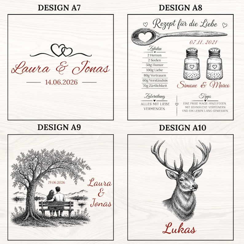 May include: Four square wooden panels featuring engraved designs. Design A7 shows two hearts and names Laura & Jonas with a date. Design A8 displays a recipe for love with a spoon, salt shakers, and names Simone & Marca. Design A9 depicts a couple on a bench under a tree. Design A10 features a deer head and the name Lukas.