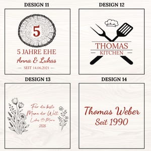 May include: Four design options with text in a square format. Design 11 features a wood slice with the number 5 and text. Design 12 has crossed kitchen utensils and text. Design 13 has floral elements and text. Design 14 has text.