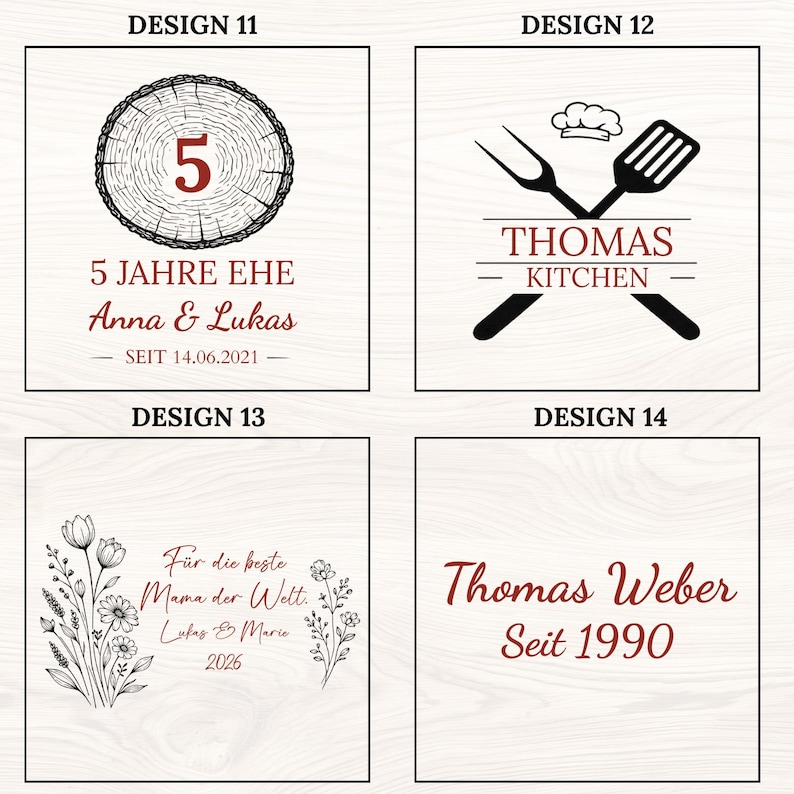 May include: Four design options with text in a square format. Design 11 features a wood slice with the number 5 and text. Design 12 has crossed kitchen utensils and text. Design 13 has floral elements and text. Design 14 has text.