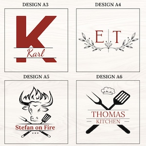 May include: Four square graphic designs labeled Design A3, A4, A5, and A6. A3 features a large red letter K with the name Karl. A4 shows initials E and T with botanical branches. A5 displays a bull head, a fork, a spatula, and Stefan on Fire. A6 shows a chef hat, fork, spatula, and Thomas Kitchen.