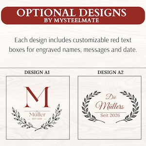May include: A graphic display titled OPTIONAL DESIGNS BY MYSTEELMATE showing two customization options. Design A1 features a large red letter M above the name M&uuml;ller and date SEIT 2026. Design A2 features the text Die M&uuml;llers and SEIT 2026.