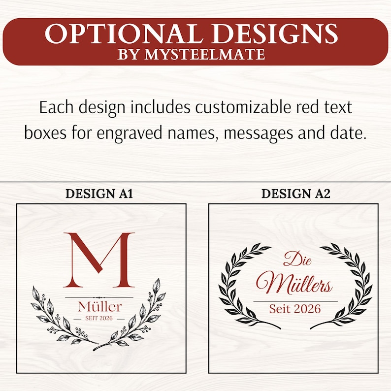 May include: A graphic display titled OPTIONAL DESIGNS BY MYSTEELMATE showing two customization options. Design A1 features a large red letter M above the name M&uuml;ller and date SEIT 2026. Design A2 features the text Die M&uuml;llers and SEIT 2026.