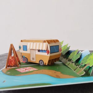 Camping-car, Carte pop-up 3D, Carte de voeux 3D, Carte pop-out, Créations en papier, Fournitures en papier, Carte-cadeau, Temps libre, Camping-car, Voiture de tourisme