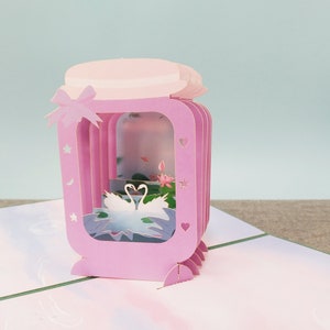 Botella flotante con cisnes emparejados, tarjeta de amor emergente en 3D, tarjeta de felicitación en 3D, tarjeta emergente, manualidad de papel, suministros de papel, aniversario, San Valentín, boda