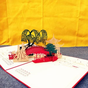 Traditionelle South China Watertown, 3D-Pop-Up-Karte, 3D-Grußkarte, Pop-Out-Karte, Geschenkkarte, Brücke, Pavillon, Weide, Boot, Felsen, Kiefer