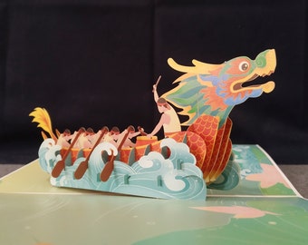Dragon Boat Regatta, 3D Pop-up card, 3D greeting card, Pop out card, Paper craft, Paper supplies, Gift Card, Dragon Boat Festival