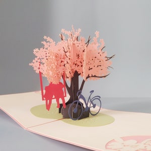 Columpio de cerezo en flor, tarjeta de amor 3D emergente, tarjeta de felicitación 3D, tarjeta emergente, manualidad de papel, suministros de papel, aniversario, San Valentín
