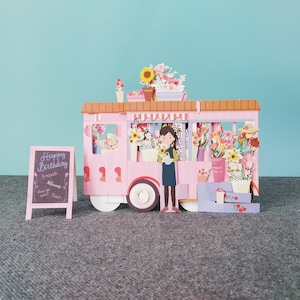 Fourgon de fleuriste, carte d'anniversaire pop-up 3D, carte de voeux 3D, créations en papier, fournitures en papier, Articles de fête, carte-cadeau fleur 3D