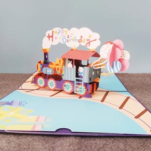 Trem de aniversário, Cartão de aniversário pop-up 3D, Cartão comemorativo 3D, Cartão pop-out, Cartão-presente, Artesanato em papel, Suprimentos de papel, Suprimentos para festas