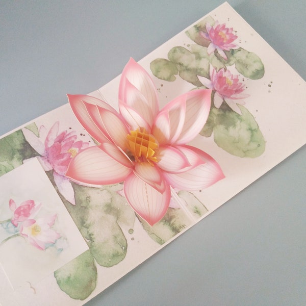 Pink Lotus, 3D Pop-up card, 3D greeting card, Pop out card, Paper craft, Paper supplies, Party supplies, 3D Flower card