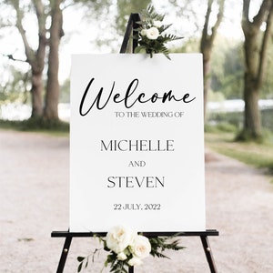 結婚式のウェルカムサイン、私たちの結婚式へようこそサイン、ミニマリスト、編集可能な看板、モダン、カスタム、白黒の装飾、印刷可能なテンプレート