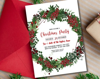 Digital Christmas wreath invitation, editable Xmas invite, minimal modern Holiday party, Printable Christmas dinner,Edit with TEMPLETT,XM010