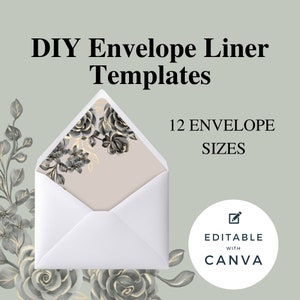 Puede incluir: Plantillas de forro de sobre DIY con 12 tamaños de sobre, con un diseño floral con acentos negros y dorados. Editable con Canva.