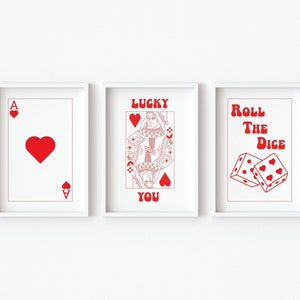 Impression d'art mural Lucky You - Lancez les dés, citation motivante - Décoration de salle de jeux - Typographie rouge et blanche rétro - Décoration d'intérieur inspirante