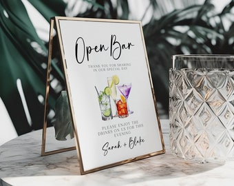 Watercolour cocktails open bar menu, 8x10 Editable table sign, wedding drink sign, bar menu template, modern bar sign, wedding table signs