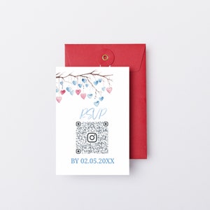 May include: A white card with a watercolour illustration of a branch with blue and pink hearts hanging from it. The card says "RSVP" and has a QR code with the text "BY 02.05.20XX" below it.