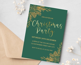 Green gold Christmas party invitation editable template, Emerald green holiday office party instant download, modern elegant Christmas,XM008