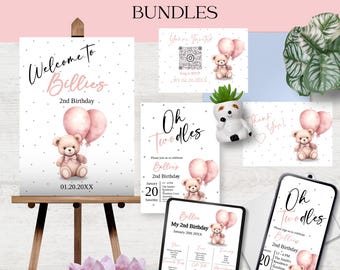May include: A set of printable baby shower invitations featuring a pink and white color scheme with a teddy bear and balloons. The invitations include a welcome sign, a thank you card, and a birthday invitation. The text on the invitations reads "Welcome to Billies 2nd Birthday", "Oh Twodles", and "Billies 2nd Birthday".