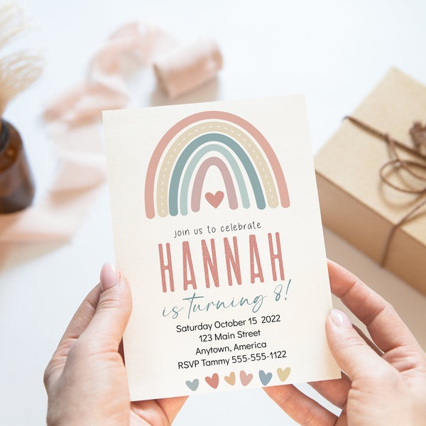 Editable ANY AGE Boho Rainbow Birthday Invitation Girl Hippie Earthy Boho Rainbow Party Invite Template Instant Download, Birthday Girl