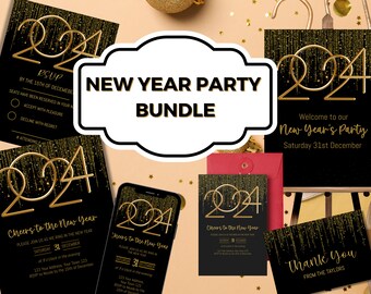 May include: A New Year's Party invitation bundle in black and gold. The invitations feature the year 2024 in gold script with gold glitter accents. The text on the invitations reads "Cheers to the New Year" and "Welcome to our New Year's Party".