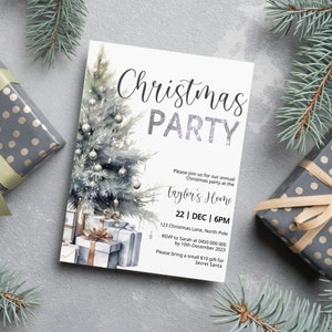 Plantilla digital editable de fiesta de Navidad, invitación a fiesta de trabajo descargable, árbol boho de acuarela plateada imprimible, Editar con TEMPLETT,XM003