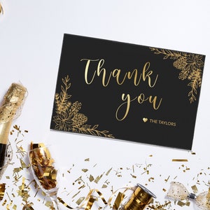 Plantilla editable de tarjeta de agradecimiento de fiesta de Navidad de oro negro, elegante descarga instantánea de fiesta navideña con letras doradas, fiesta de adultos moderna, XM018