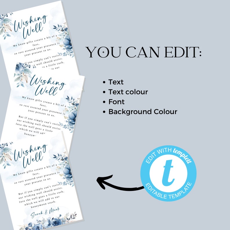 Watercolour Dusty Blue Wedding Wishing Well Card Template, 8x10 ...