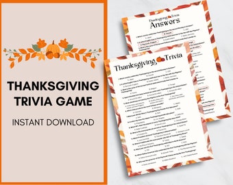 May include: Thanksgiving Trivia Game printable download with a festive fall leaf design. The game includes 15 questions about the history of Thanksgiving.
