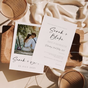 Photo invite, modern minimal wedding ceremony bundle, Stunning custom QR RSVP Code, Easy to edit template, print at home digital downloads