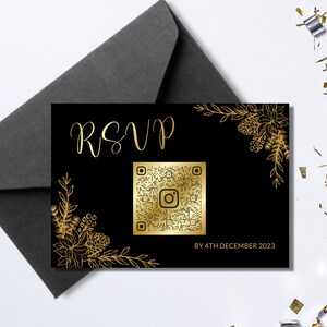 Tarjeta RSVP de fiesta de Navidad con código QR Plantilla editable en oro negro, elegante descarga instantánea de fiesta navideña con letras doradas, adulto moderno, XM018